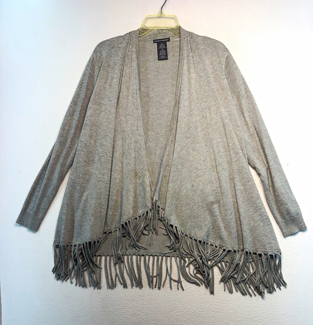 Chelsea & Theodore Women’s Gray Solid Knit Fringe Open Front Cardigan Sweater M